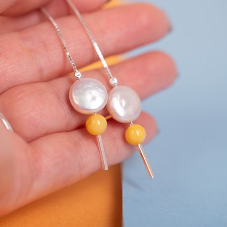 Kolczyki srebrne z perłami i bursztynem