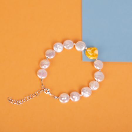 Bransoletka perły z bursztynem miodowym