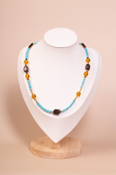 Naszyjnik z bursztynami, kwarcem i amazonitem