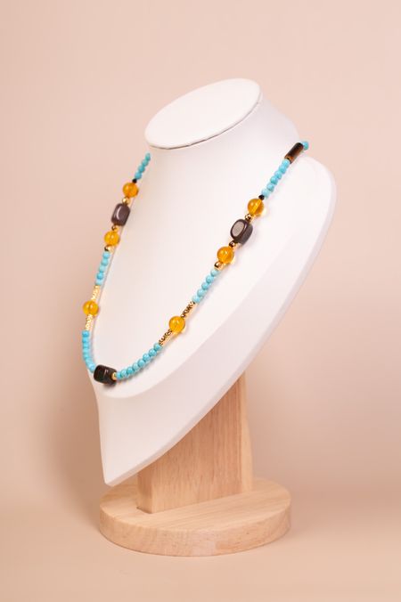 Naszyjnik z bursztynami, kwarcem i amazonitem