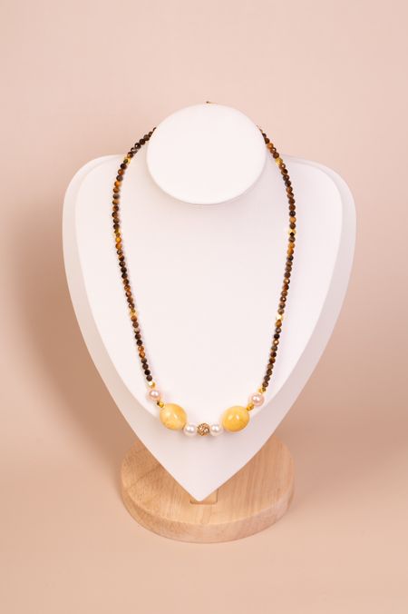 Naszyjnik tygrysie oko, bursztyn i perły