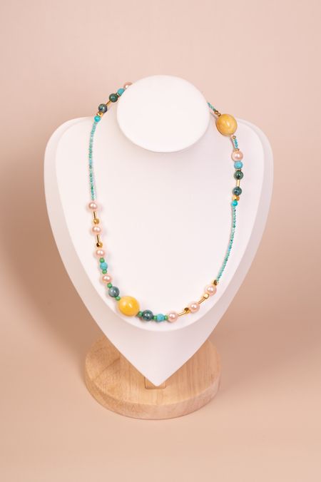 Naszyjnik perły, bursztyn i amazonit