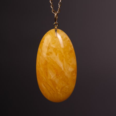 A pendant featuring a honey-colored oval Baltic amber stone and a gold clasp